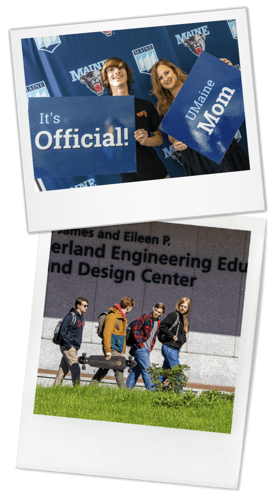 A photo collage showing images of a mother and son with signs saying "it's official" and "UMaine Mom" and another image showing students walking by Ferland EEDC