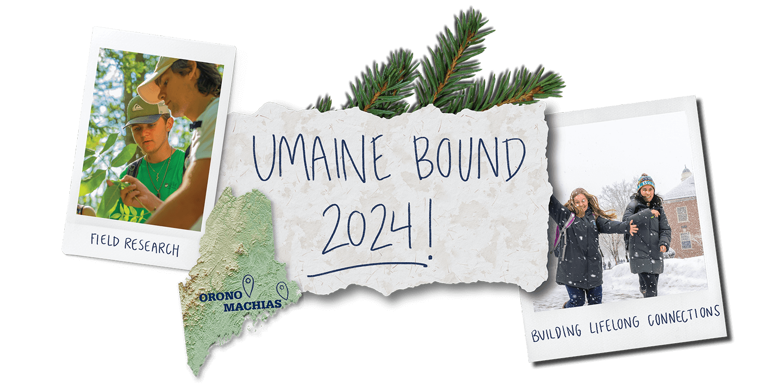 A photo collage showing photos of students walking in the snow and students working in a forest, text that says, "UMaine Bound 2024!," a pine branch and the state of Maine map with points showing Orono and Machias.