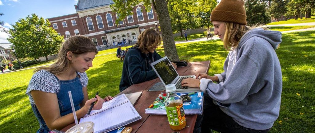 A photo of three people sitting at a picnic table on UMaine's Mall