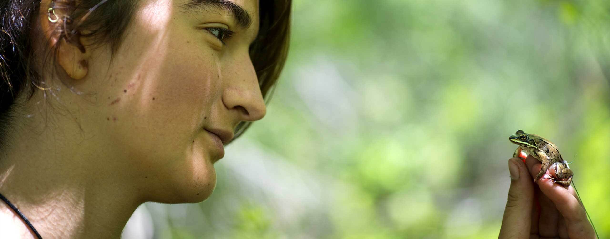 A photo of a person looking at a frog