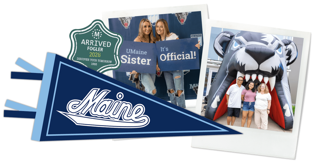 A photo collage that shows a photo of two sisters holding signs, a Maine pennant, a green sticker and a photo of a family standing in front of an inflatable bear head tunnel