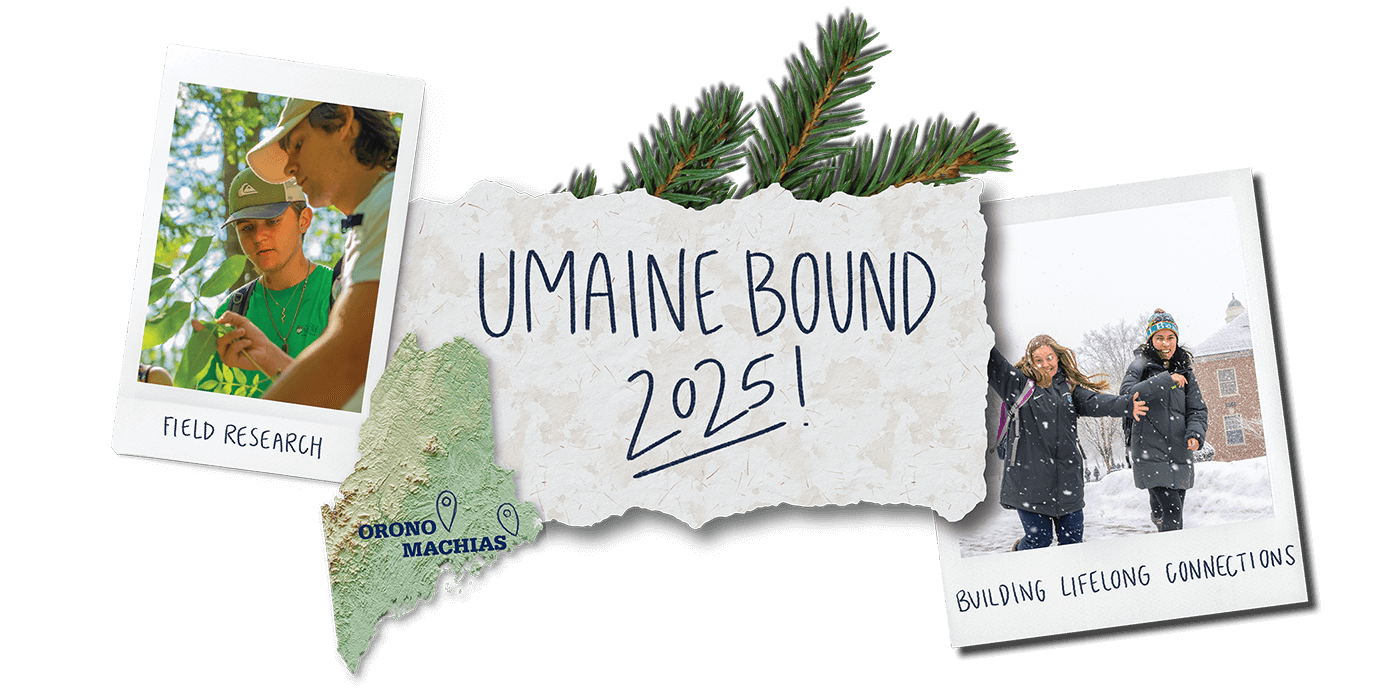 A photo collage showing photos of students walking in the snow and students working in a forest, text that says, "UMaine Bound 2025!," a pine branch and the state of Maine map with points showing Orono and Machias.