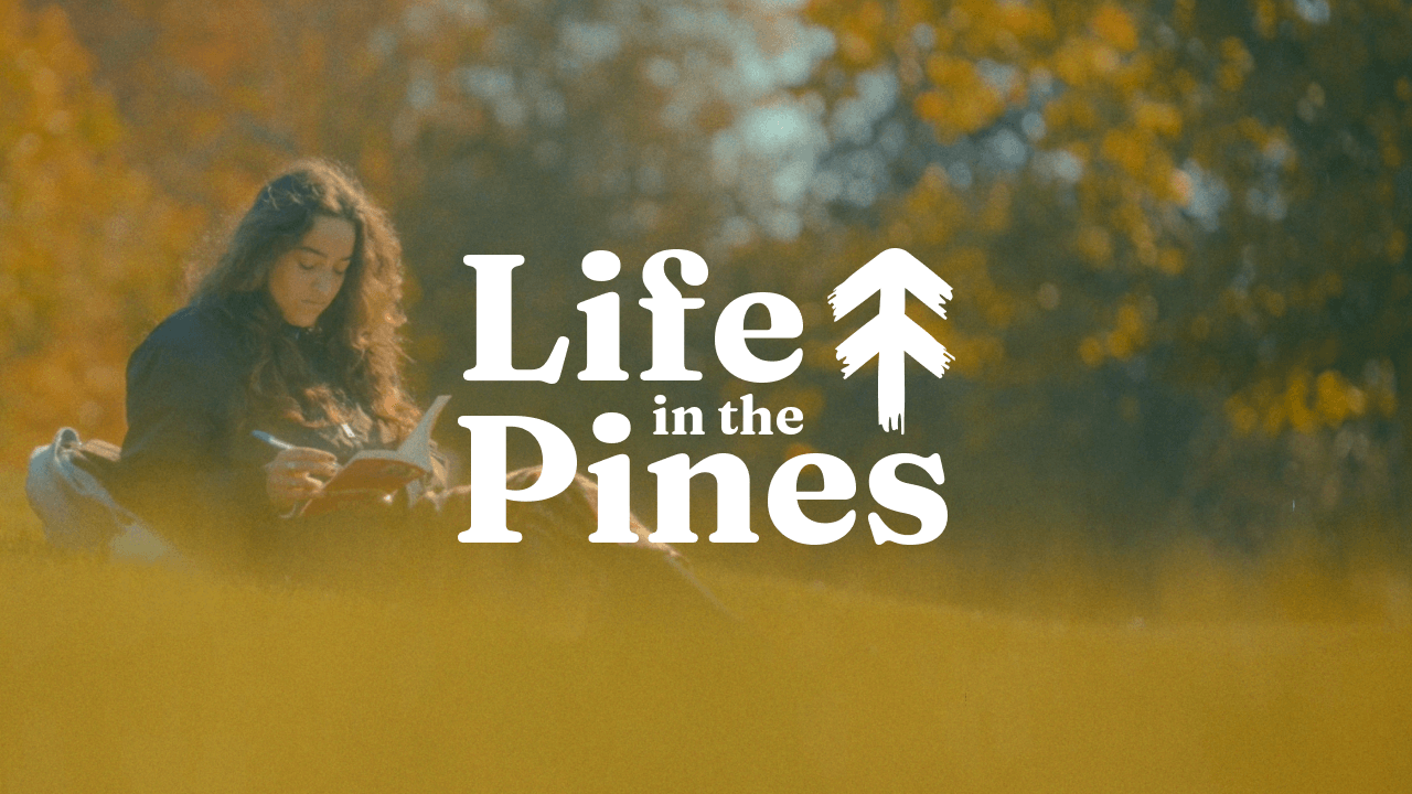 An image of a person sitting in grass with the Life in the Pines logo over it.